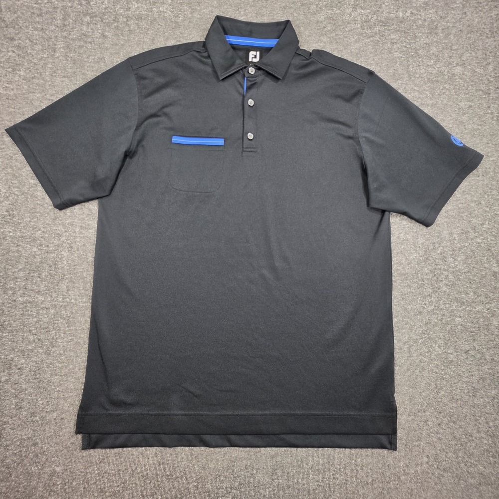 FootJoy Performance Golf Polo Shirt S/S Pocket Mens Size L Black Blue Trim Mesh